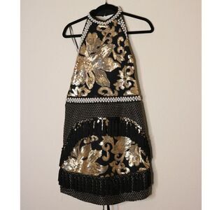 Pretty Little Thing | Black halter tassel and sequin backless dress | 14
